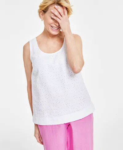 Charter Club Women's Linen Eyelet Tank Top, Created For Macy's In Bright White
