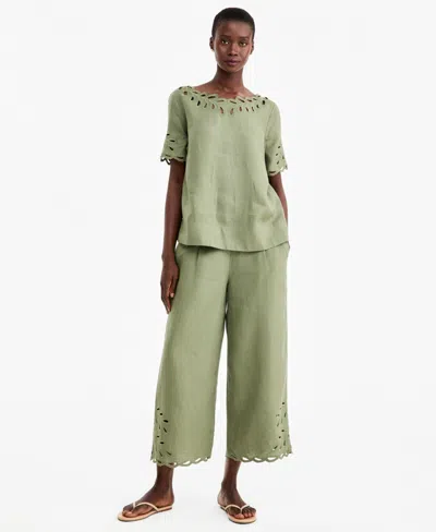 Charter Club Women's Linen Eyelet-hem Cropped Wide-leg Pants, Macy's Exclusive In Green