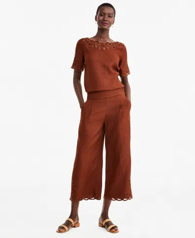 Charter Club Women's Linen Eyelet-hem Cropped Wide-leg Pants, Macy's Exclusive In Brown