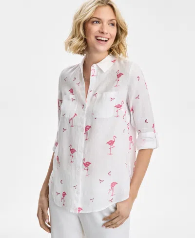 Charter Club Women's Linen Flamingo-print Roll-tab Shirt, Exclusively At Macy's In Bright White