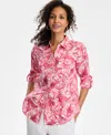 Charter Club Women's Linen Palm-print Roll-tab Shirt, Exclusively At Macy's In Coral Flash