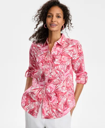 Charter Club Women's Linen Palm-print Roll-tab Shirt, Exclusively At Macy's In Coral Flash