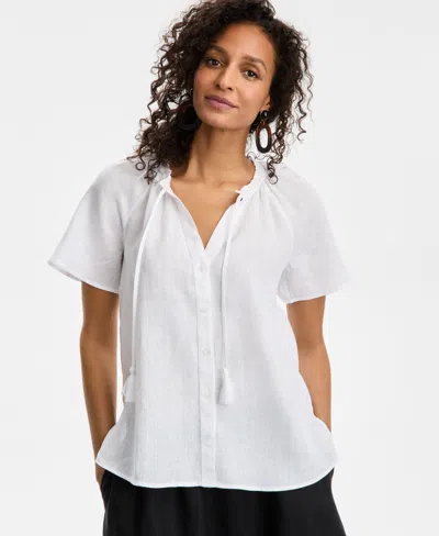 Charter Club Women's Linen Short-sleeve Peasant Top, Exclusively At Macy's In Bright White