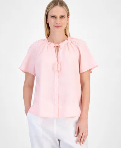 Charter Club Women's Linen Short-sleeve Peasant Top, Exclusively At Macy's In Warm Blush