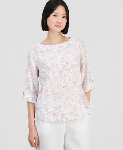 Charter Club Women's Linen Sketched Floral 3/4-sleeve Top, Macy's Exclusive In Pink