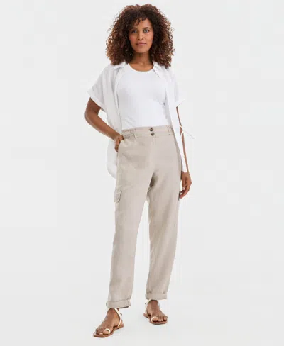 Charter Club Women's Linen Smocked Cargo Pants, Macy's Exclusive In Neutral