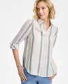 Charter Club Women's Linen Striped Roll-tab Shirt, Exclusively At Macy's In Neutral Combo