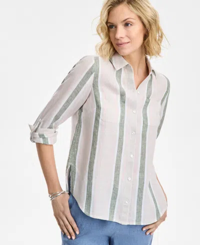 Charter Club Women's Linen Striped Roll-tab Shirt, Exclusively At Macy's In Neutral Combo