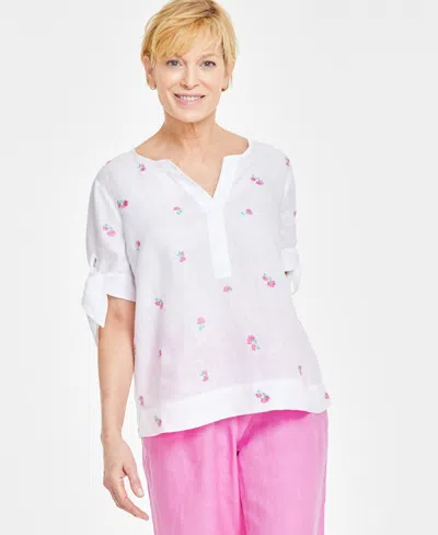 Charter Club Women's London 100% Linen Floral-embroidered Top, Created For Macy's In Bright White Combo