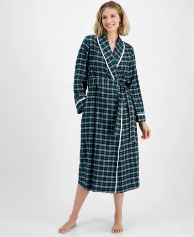 Charter Club Women's Long Plaid Flannel Robe, Created For Macy's In Holiday Plaid Green