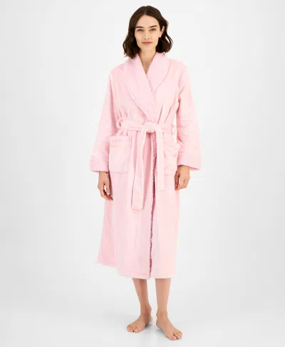 Charter Club Women's Long Plush Fleece-trim Robe, Created For Macy's In Pink