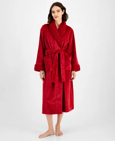 Charter Club Women's Long Plush Fleece-trim Robe, Created For Macy's In Red