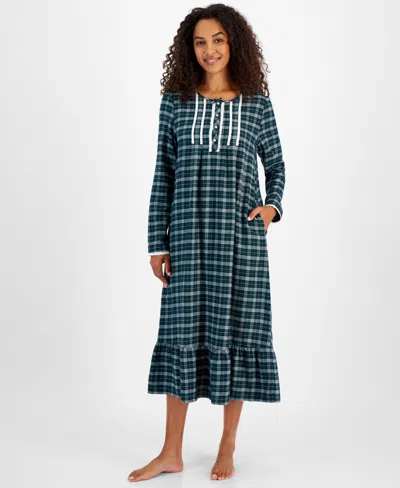 Charter Club Women's Long-sleeve Plaid Flannel Gown, Created For Macy's In Holiday Plaid Green