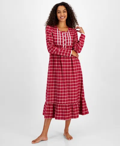 Charter Club Women's Long-sleeve Plaid Flannel Gown, Created For Macy's In Holiday Plaid Red