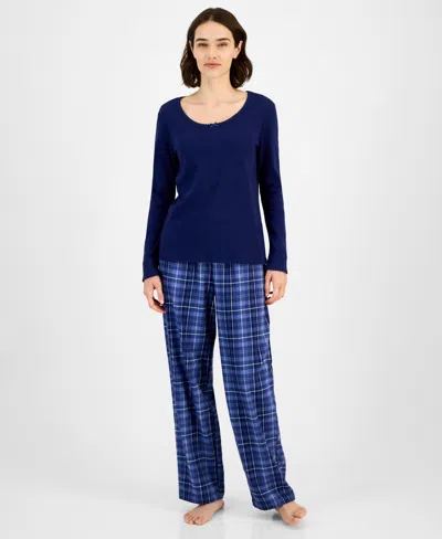Charter Club Women's Long Sleeve Pointelle Tee In Blue