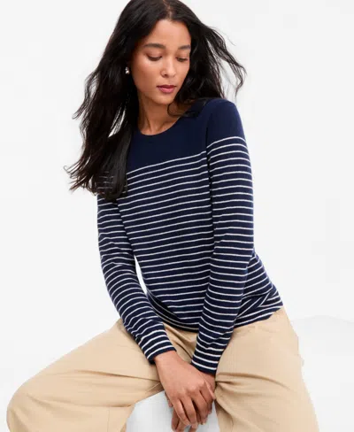 Charter Club Women's Long-sleeve 100% Cashmere Crewneck Sweater, Macy's Exclusive In Admiral Navy Stripe