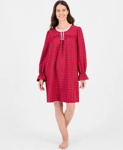 Charter Club Women's Long-sleeve Cotton-blend Scoop-neck Flannel Chemise, Macy's Exclusive In Red