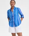 Charter Club Women's Magnolia Button-down Roll-tab-sleeve Woven 100% Linen Top, Exclusively At Macy's In Vibrant Blue