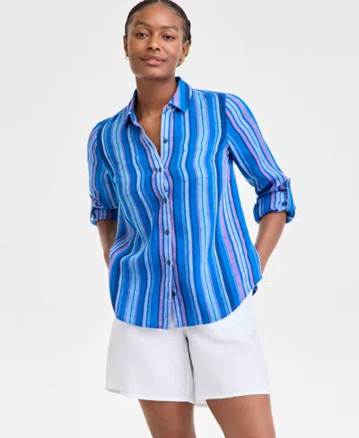 Charter Club Women's Magnolia Button-down Roll-tab-sleeve Woven 100% Linen Top, Exclusively At Macy's In Vibrant Blue