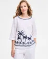 Charter Club Women's Palm-applique 100% Linen Top, Exclusively At Macy's In White