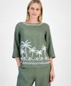 Charter Club Women's Palm-applique 100% Linen Top, Exclusively At Macy's