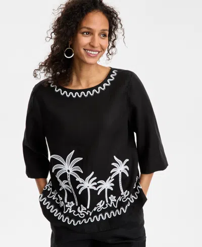 Charter Club Women's Palm-applique 100% Linen Top, Exclusively At Macy's In Deep Black