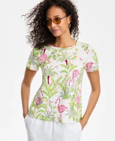 Charter Club Women's Palm Beach Printed Linen-blend Crewneck T-shirt, Exclusively At Macy's
