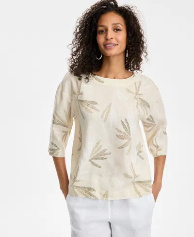 Charter Club Women's Palm-print 100% Linen Top, Exclusively At Macy's In Neutral Combo