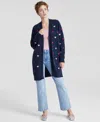 Charter Club Women's Petite Cashmere Heart-embroidered Long Open Cardigan, Created For Macy's In Admiral Navy Combo