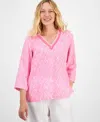 Charter Club Women's Printed 100% Linen Embellished Top, Exclusively At Macy's In Pink