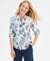 Charter Club Women's Printed 100% Linen Roll-tab Shirt, Exclusively At Macy's In Bright White