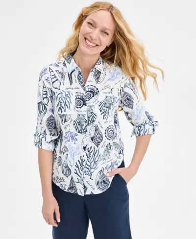 Charter Club Women's Printed 100% Linen Roll-tab Shirt, Exclusively At Macy's In Bright White