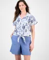 CHARTER CLUB WOMEN'S PRINTED 100% LINEN TIE-FRONT TOP, EXCLUSIVELY AT MACY'S