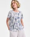 Charter Club Women's Printed Crewneck Short-sleeve Linen-blend Top, Exclusively At Macy's In Bright White