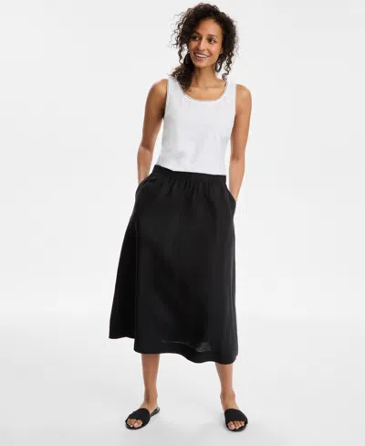 Charter Club Women's Pull-on 100% Linen Midi Skirt, Exclusively At Macy's In Deep Black