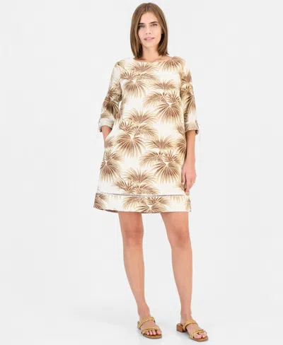 Charter Club Women's Scoop Neck 3/4-sleeve With Roll-tab 100% Linen Dress, Macy's Exclusive In Neutral