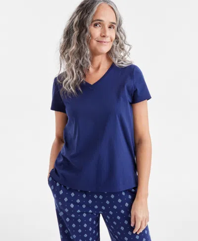 CHARTER CLUB WOMEN'S SOLID V-NECK SHORT-SLEEVE SLEEPWEAR TOP, CREATED FOR MACY'S