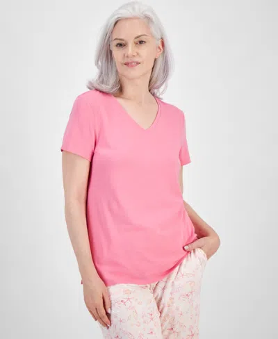 Charter Club Women's Solid V-neck Short-sleeve Sleepwear Top, Created For Macy's In Pink Taffy