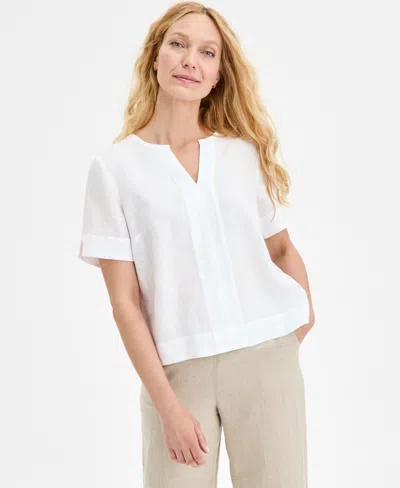 Charter Club Women's Split-neck 100% Linen Top, Exclusively At Macy's In Bright White