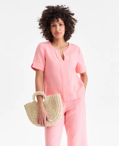 Charter Club Women's Split-neck 100% Linen Top, Exclusively At Macy's In Pink