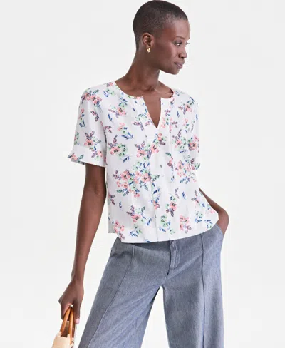 Charter Club Women's 100% Linen Split-neck Tie-cuff Top, Created For Macy's In Multi