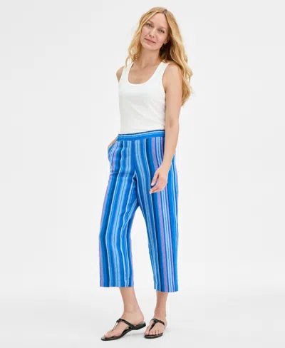 Charter Club Women's Striped 100% Linen Cropped Pants, Exclusively At Macy's In Vibrant Blue