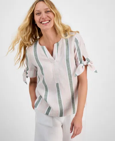 Charter Club Women's Striped 100% Linen Tie-sleeve Top, Exclusively At Macy's