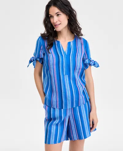 Charter Club Women's Striped 100% Linen Tied-sleeve Top, Exclusively At Macy's In Vibrant Blue