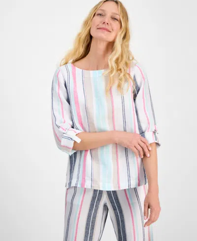 Charter Club Women's Striped 100% Linen Top, Exclusively At Macy's In White
