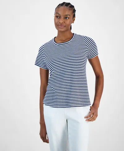 Charter Club Women's Striped Crewneck Short-sleeve Linen-blend Top, Exclusively At Macy's In Intrepid Blue