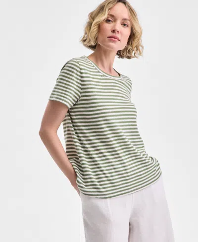 Charter Club Women's Striped Crewneck Short-sleeve Linen-blend Top, Exclusively At Macy's In Cool Olive