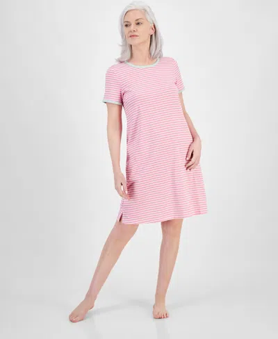 Charter Club Women's Striped Short-sleeve Sleep Shirt, Created For Macy's In Spring Stripe Pink