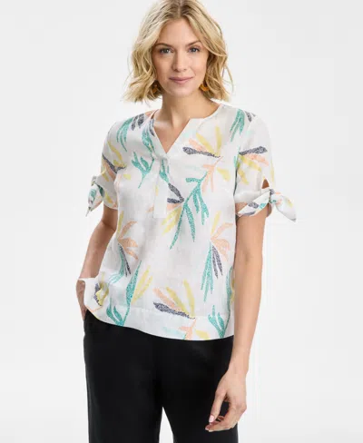 Charter Club Women's Textured-palm Tie-sleeve Woven 100% Linen Top, Exclusively At Macy's In Bright White