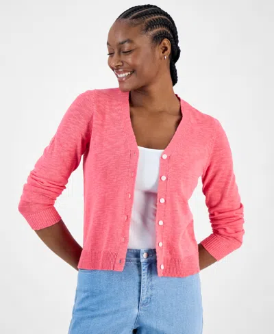Charter Club Women's V-neck Button-front Linen-blend Cardigan, Exclusively At Macy's In Coral Flash